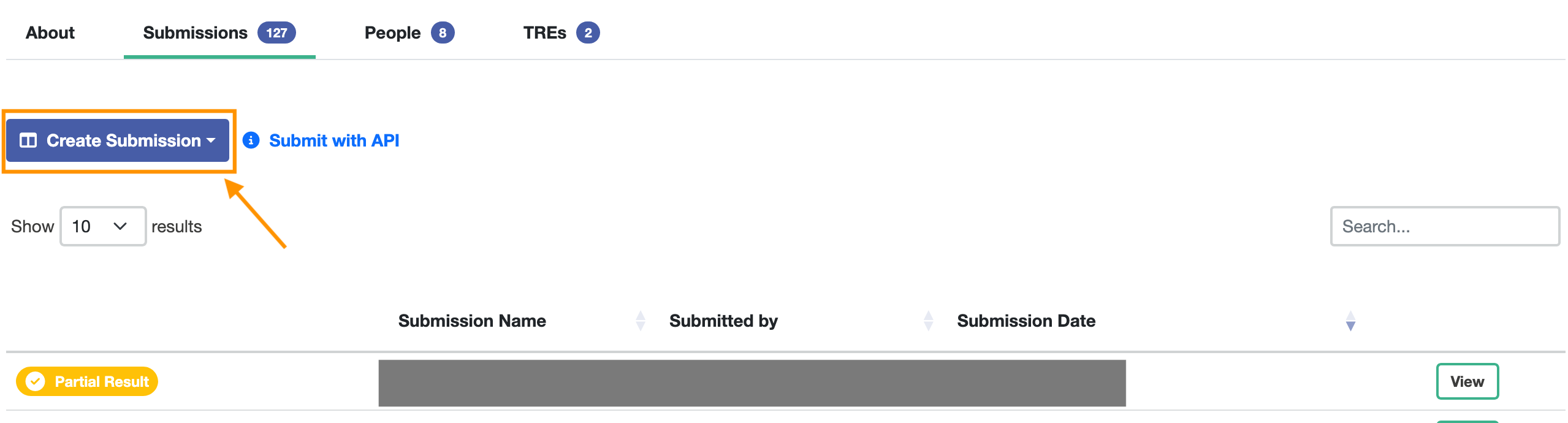 A screenshot of the Submissions view, highlighting the button used for the wizards